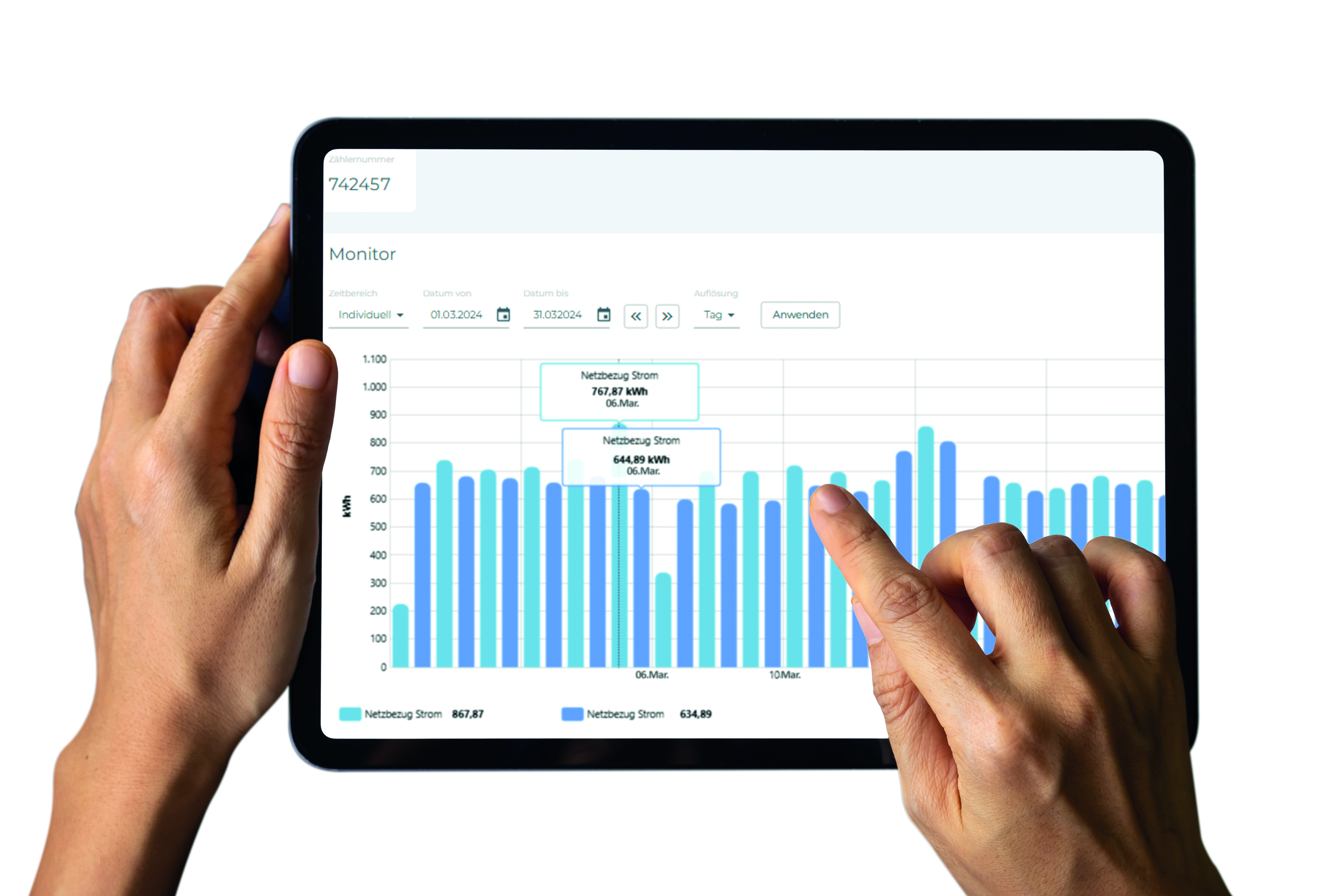 User tippt auf Grafik in einem Tablet-Screen