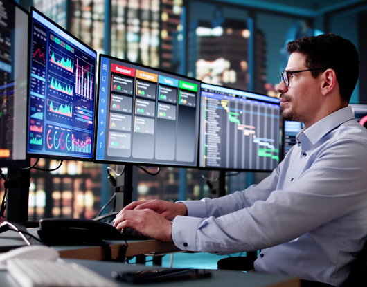 Mann vor Monitoren, auf denen Grafiken zu sehen sind